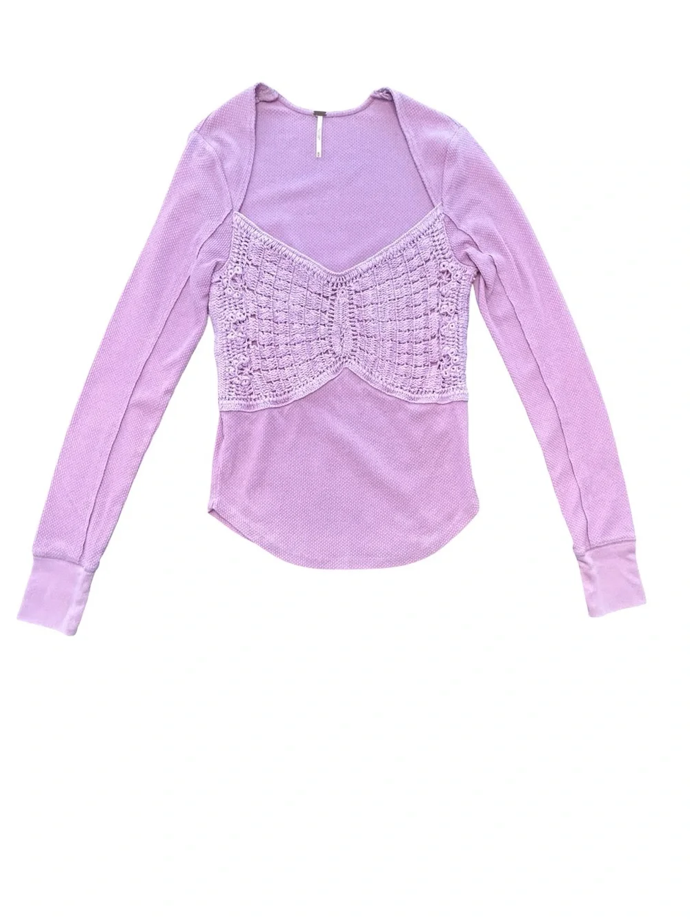 Free People purple butterfly Crochet Thermal cottage Boho waffle knit top M - Picture 4 of 8
